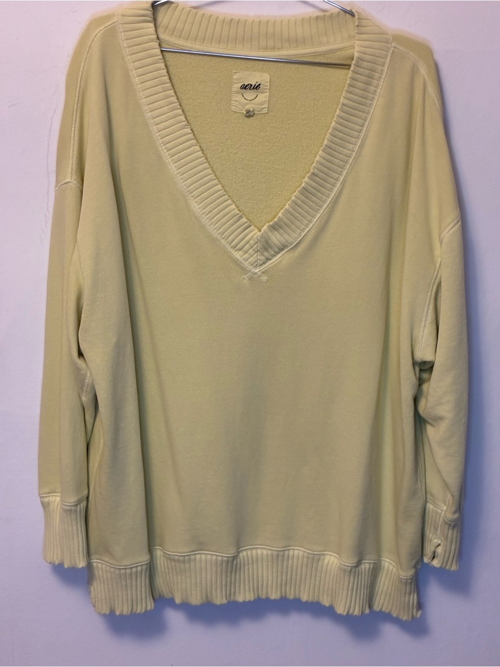 Y2K Vintage aerie Distressed Pale Lime Green Deep V Neck Oversized Sweatshirt